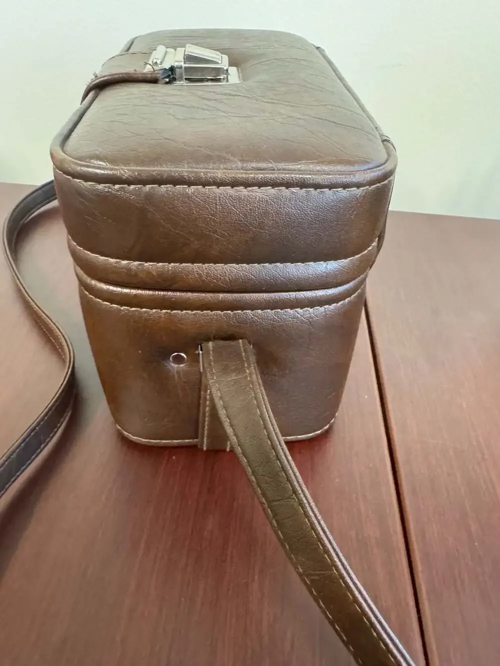 Vintage Brown Faux Leather Hard Case Camera Bag with Shoulder Strap